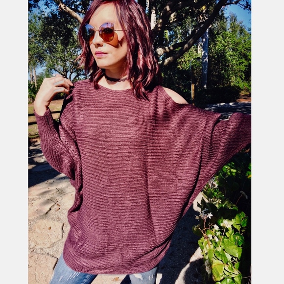 Plum Oversized Sweater Tunic Cold Shoulder - Picture 8 of 8